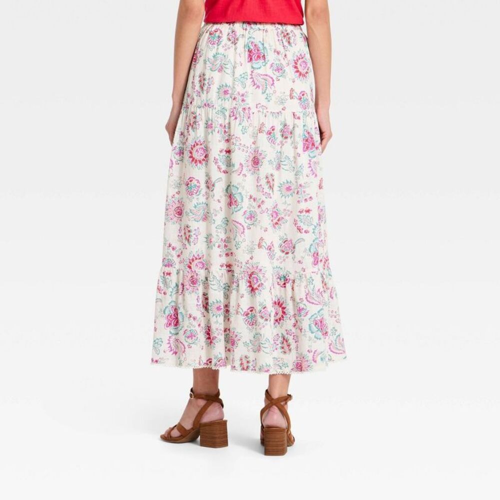 Women's Printed Maxi Tiered Full Skirt - Universal Thread Cream Plaid M - Picture 2 of 4